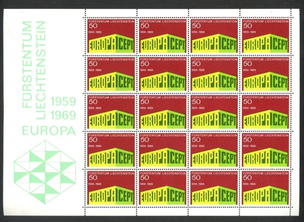 1969 - LIECHTENSTEIN - LOTTO/47824 - 50r. EUROPA MINIFOGLIO DI 20 FRANCOBOLLI NUOVO
