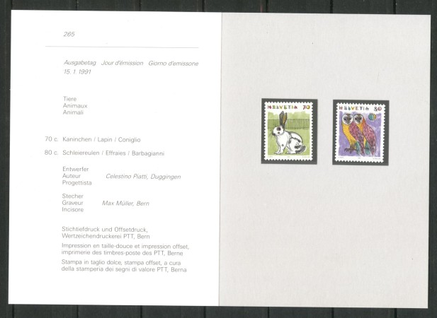 1991 - SVIZZERA - LOTTO/43422F - ANIMALI  2v. NUOVI SU FOLDER DELLE POSTE