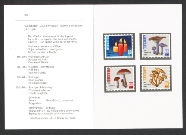 1994 - SVIZZERA - LOTTO/43473F - PRO JUVENTUTE  CANDELE E FUNGHI 4v . NUOVI - FOLDER
