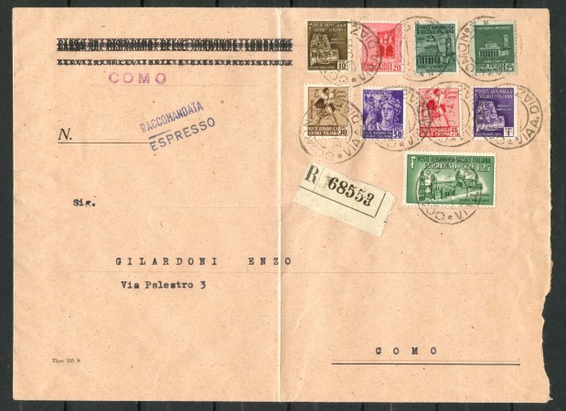 1944 - REPUBBLICA SOCIALE - MONUMENTI DISTRUTTI 8v. SU BUSTA RACCOMANDATA - LOTTO/30302