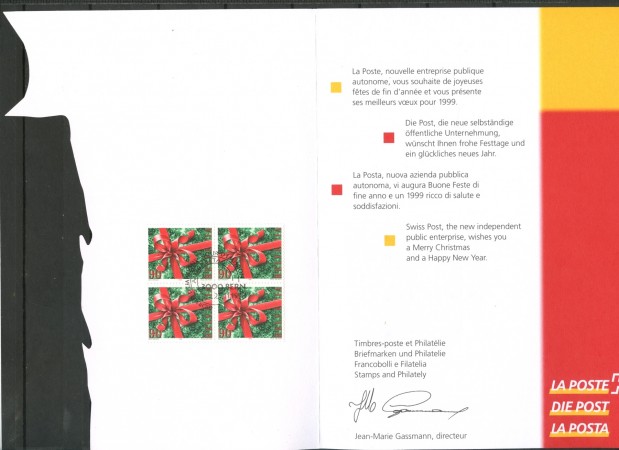 1998 - SVIZZERA - LOTTO/31981 - 90c. NATALE - QUARTINA SU FOLDER ANNULLO FDC - 