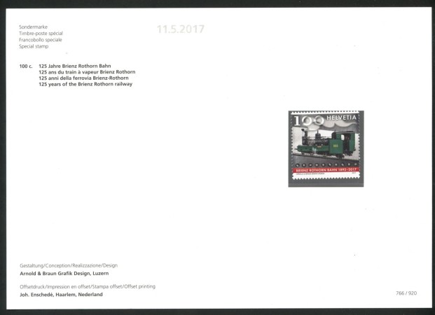 2017 - SVIZZERA - LOTTO /39702F - FERROVIA BRIENZ-R0THORN - NUOVO FOLDER
