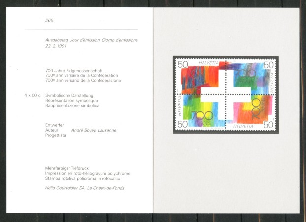 1991 - SVIZZERA - LOTTO/43423F - CENTENARIO CONFEDERAZIONE 4v . NUOVI - FOLDER