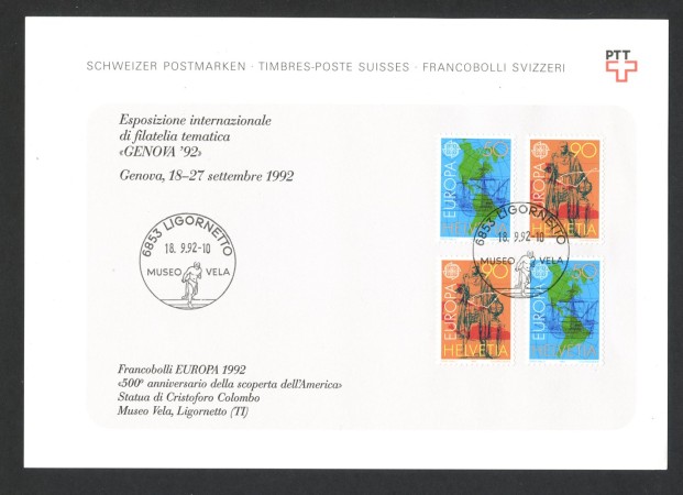 1992 - SVIZZERA - LOTTO/43439F - ESPO GENOVA 92 -  4v. USATI SU FOLDER DELLE POSTE