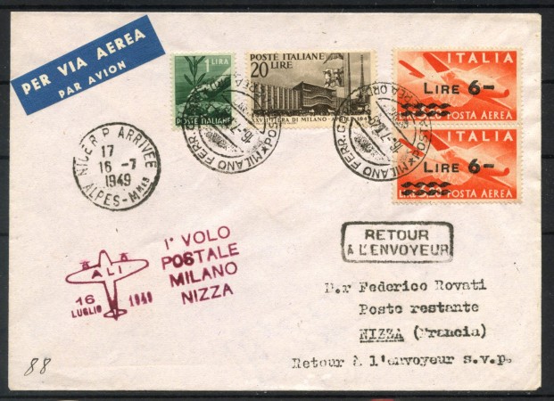 1949 - REPUBBLICA - LOTTO/40410 - PRIMO VOLO POSTALE MILANO - NIZZA - BUSTA