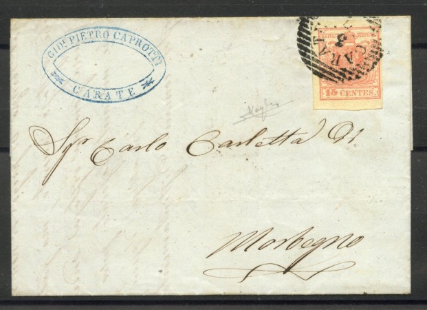 1852 - LOMBARDO VENETO - LOTTO/40527 - 15 Centesimi ROSSO SU BUSTA DA CARATE  PER MORBEGNO