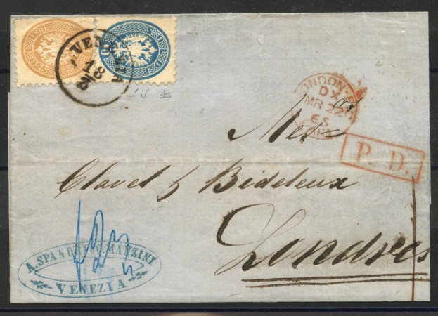 1865 - LOMBARDO VENETO - LOTTO/40592 - 5 E 10 SOLDI SU LETTERA DA VENEZIA A LONDRA