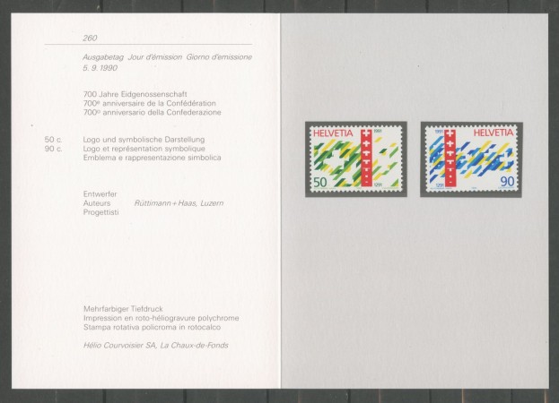 1990 - SVIZZERA - LOTTO/43417F - CENTENARIO CONFEDERAZIONE 2v. NUOVI SU FOLDER DELLE POSTE