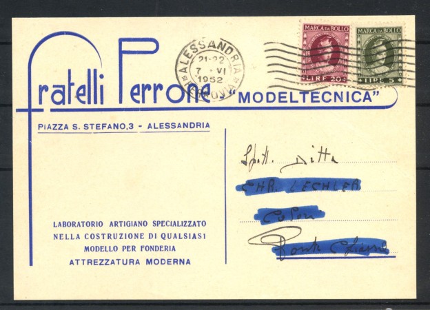 1952 - REPUBBLICA - LOTTO/41722 - CARTOLINA COMMERCIALE AFFRANCATA CON MARCHE DA BOLLO