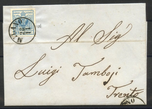 1855 - LOMBARDO VENETO - LOTTO/40549 - 45 CENTESIMI AZZURRO VIVO - BUSTA DA MILANO