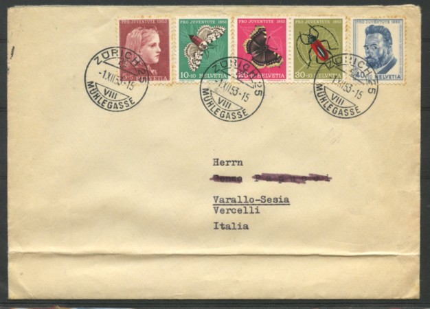1953 - LOTTO/15894 - SVIZZERA -  PRO JUVENTUTE 5v. BUSTA