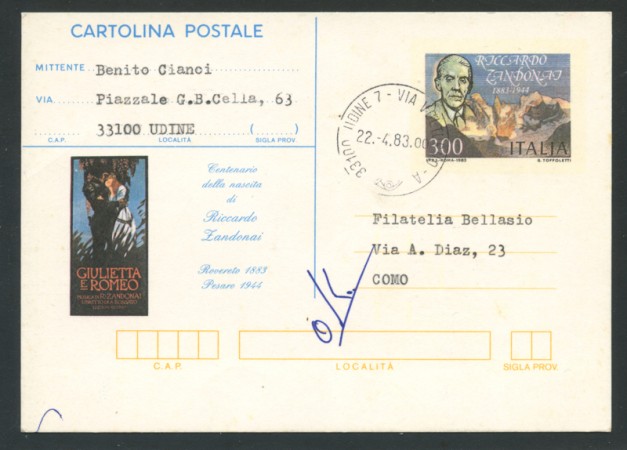 1983 - LOTTO/2278 - REPUBBLICA - RICCARDO ZANDONAI - VIAGGIATA