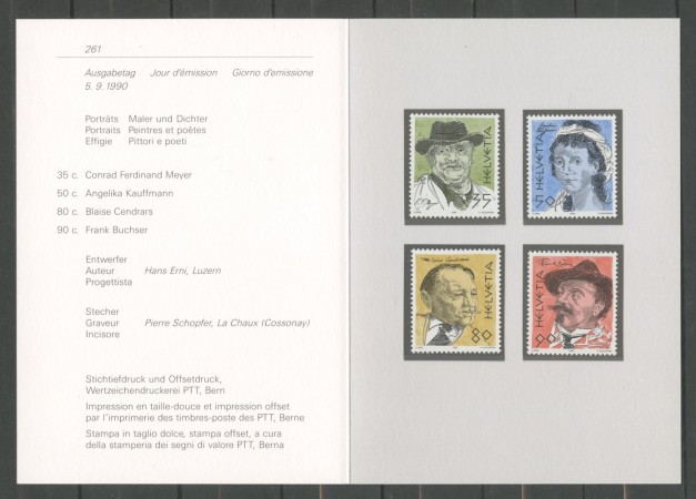 1990 - SVIZZERA - LOTTO/43418F - PITTORI E SCRITTORI 4v. NUOVI SU FOLDER DELLE POSTE