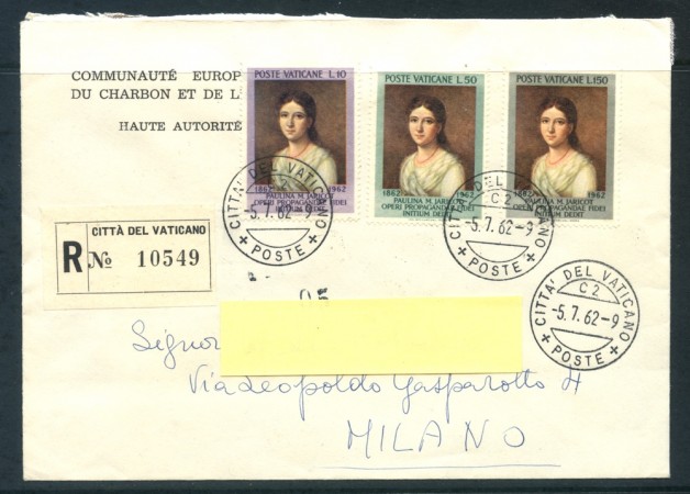 1962 - VATICANO - MARIE JARICOT 3v. - BUSTA FDC RACCOMANDATA - LOTTO/25718