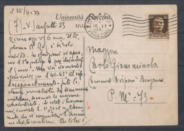 MILANO - 1942 - LOTTO/1605 - CARTOLINA UNIVERSITA' BOCCONI