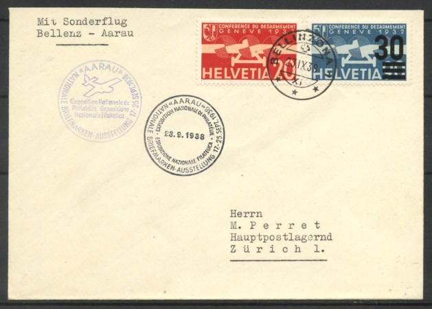 1938 - SVIZZERA - LOTTO/40670 - ESPOSIZIONE DI FILATELIA -  BUSTA VOLO BELLINZONA-AARAU