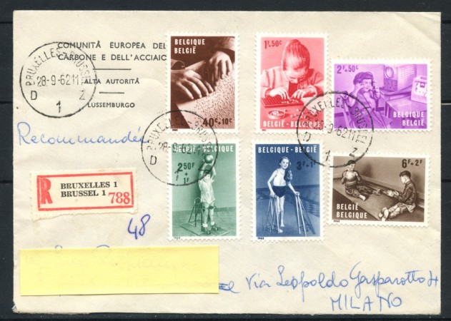 1962 - BELGIO - PRO FANCIULLI HANDICAPPATI 6v. - BUSTA RACCOMANDATA - LOTTO/25136