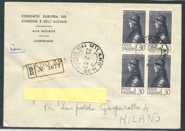 1963 - REPUBBLICA - 30 Lire PICO DELLA MIRANDOLA  BUSTA RACCOMANDATA FDC - LOTTO/28994