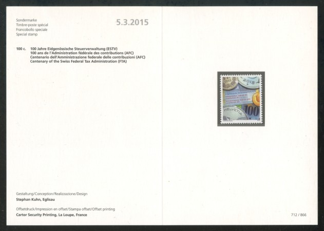 2015 - SVIZZERA - LOTTO/37872F - AMMINISTRAZIONE CONTRIBUZIONI - NUOVO - FOLDER