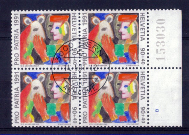 1991 - LOTTO/SVI1377QU - SVIZZERA - 90+40c. PRO PATRIA QUARTINA USATA