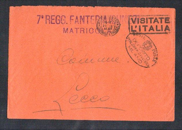 1941 - LOTTO/10800 - REGNO - BUSTA IN FRANCHIGIA  DA 7° REGG.FANTERIA