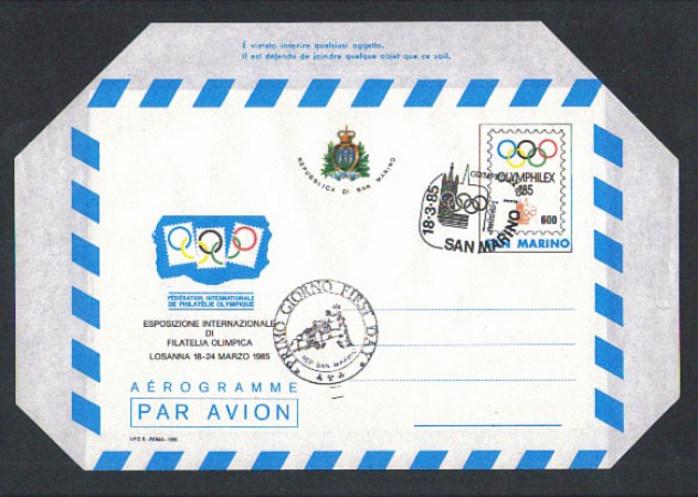 1985 - LOTTO/2486 - S.MARINO - AEROGRAMMA OLYMPHILEX ANNULLO FDC