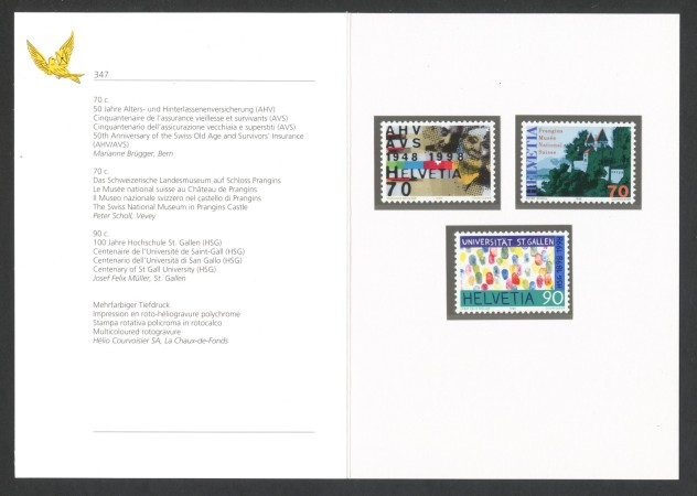 1998 - SVIZZERA - LOTTO/43513F - ANNIVERSARI  3v. - NUOVI - FOLDER