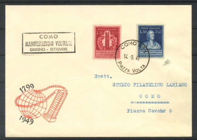 1949 - REPUBBLICA - LOTTO/40053 -  ALESSANDRO VOLTA 2v . - BUSTA FDC