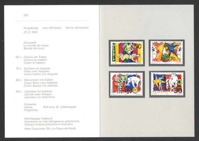 1992 - SVIZZERA - LOTTO/43443F - IL MONDO DEL CIRCO 4v . NUOVI - FOLDER