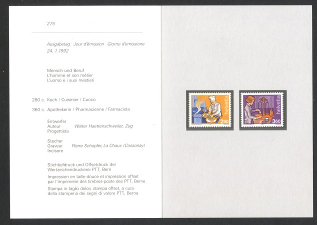 1992 - SVIZZERA - LOTTO/43436F - MESTIERI DELL'UOMO 2v. NUOVI SU FOLDER DELLE POSTE
