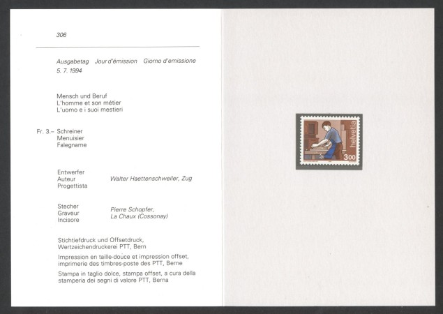 1994 - SVIZZERA - LOTTO/43470F - LAVORO DELL'UOMO - NUOVO - FOLDER