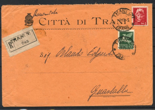 1945 - LUOGOTENENZA - LOTTO/40319 - BUSTA DA TRANI A GUSTALLA  AFFRANCATURA MISTA