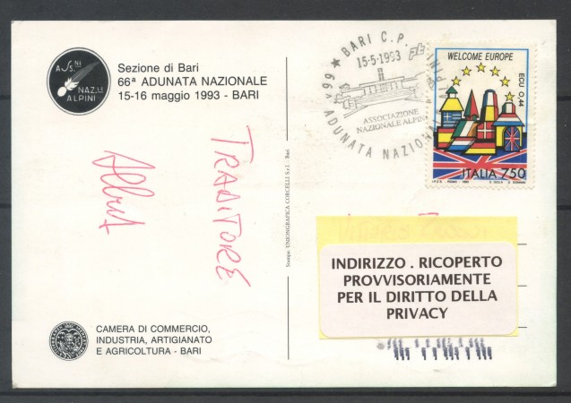 1993 - ITALIA - BARI 66° ADUNATA ALPINI - CARTOLINA UFFICIALE - LOTTO/31824