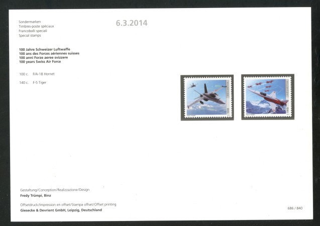 2014 - SVIZZERA - LOTTO/37846F - CENTENARIO AERONAUTICA 2v. - NUOVI - FOLDER