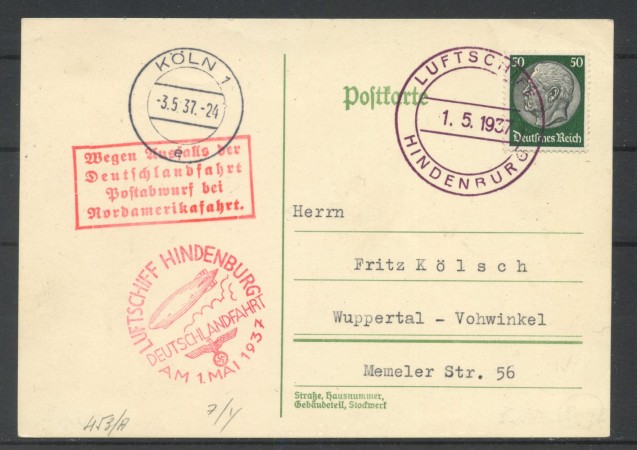 1937 - GERMANIA - LOTTO/42383 - DIRIGIBILE Lz 129 HINDENBURG VIAGGIO SULLA GERMANIA