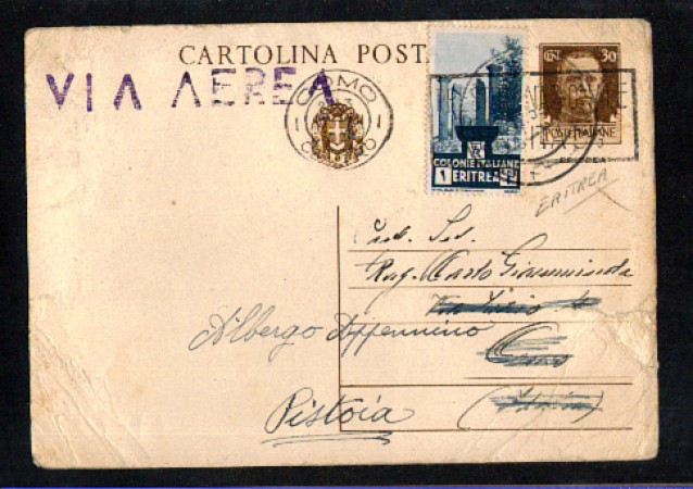 1939 - LOTTO/1562 - ERITREA - CARTOLINA POSTALE  30c. - USATA