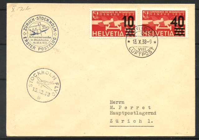 1938 - SVIZZERA - LOTTO/40671 -  BUSTA PRIMO VOLO ZURIGO STOCCOLMA 