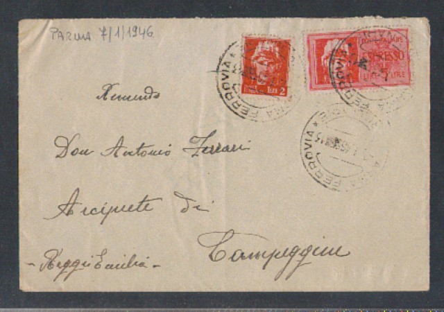 1946 - LUOGOTENENZA -  LBF/496C - PARMA BUSTA ESPRESSO PER REGGIO EMILIA
