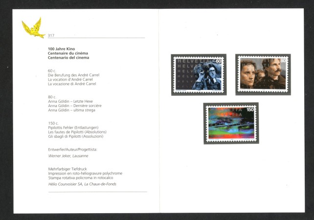 1995 - SVIZZERA - LOTTO/43482F - CENTENARIO DEL CINEMA 3v. - NUOVI - FOLDER