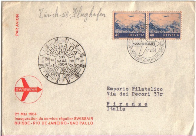 SVIZZERA - 1954 - LBF/3295 - PRIMO VOLO SWISSAIR  SVIZZERA - RIO DE JANEIRO - SAN PAOLO
