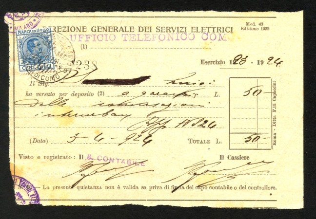 1923/24 - ITALIA - LOTTO/42952 - RICEVUTA DELLA DIREZIONE DEI SERVIZI ELETTRICI COMO