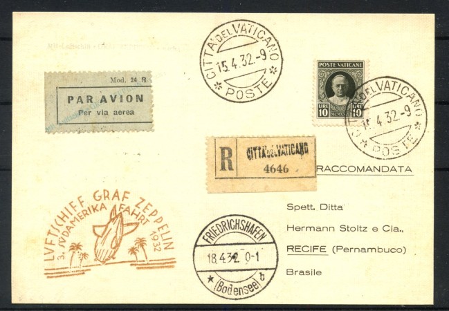 1932 - VATICANO - LOTTO/42352 - VOLO ZEPPELIN 3° VIAGGIO IN SUD AMERICA