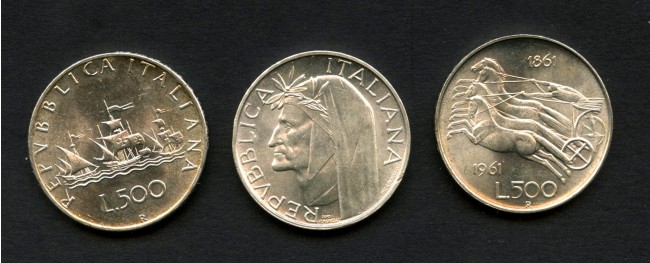 1961/1965 - REPUBBLICA - LOTTO/M47363 - 500 LIRE ARGENTO 1961/1965 - 3 MONETE FIOR DI CONIO