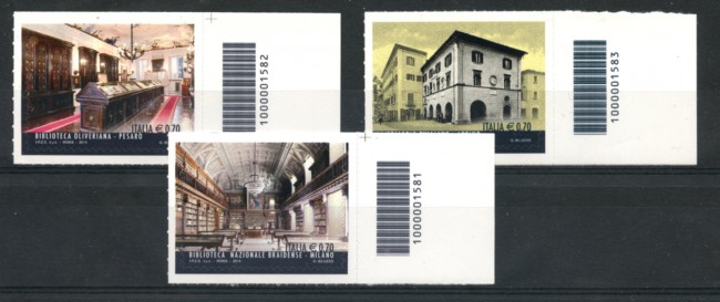 2014 - LOTTO/19151CB - REPUBBLICA - BIBLIOTECHE 3v. CODICE A BARRE