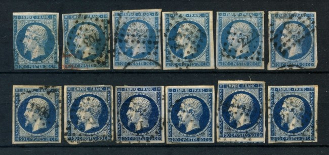 1853/60 - FRANCIA - 20 cent. NAPOLEONE  - 12 ESEMPLARI USATI - LOTTO/26115