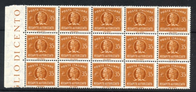 1990 - REPUBBLICA - LOTTO/47977 -  35 LIRE RECAPITO AUTORIZZATO BLOCCO DI 15 ESEMPLARI NUOVI