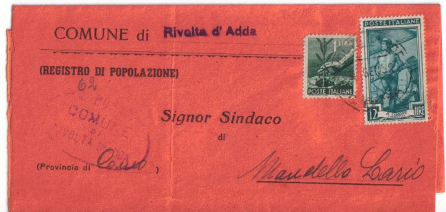 1952 - EUROPA - LBF/739 RIVOLTA D'ADDA PIEGH. COMUNALE