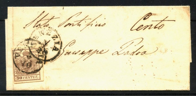 1857 - LOMBARDO VENETO - LOTTO/40773 - 30 CENTESIMI BRUNO SU PIEGO DA VENEZIA A CENTO