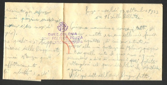 1933 - REGNO - LOTTO/42638 - ISOLA DI PONZA  BOLLO DI CENSURA SU INTERNO DI LETTERA