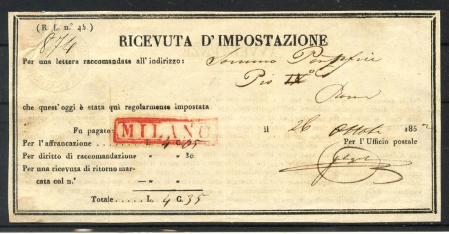 1852 - LOMBARDO VENETO - LOTTO/40530 - RICEVUTA DI IMPOSTAZIONE  RACCOMANDATA PAPA PIO IX°